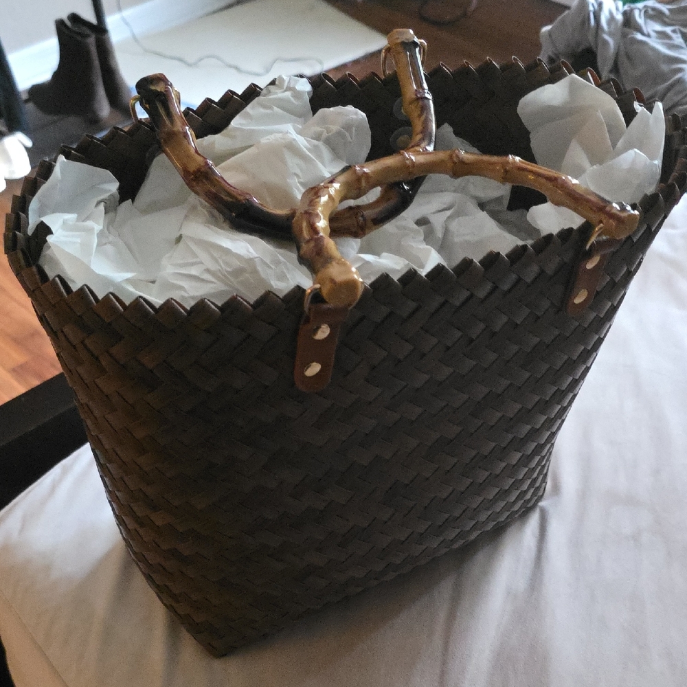Brown Woven Tote Bag with Wooden Handles